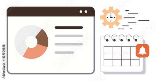 Pie chart, text data on a screen, calendar with a bell notification, clock within a gear icon. Ideal for time management, analytics, planning, productivity, workflow organization simple flat