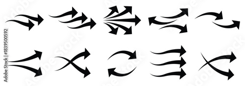 Air flow arrow. Set of black arrow showing wind air flow. Vector set of air flow arrows. Black air flow arrows showing wind circulation. Wind direction arrows. 