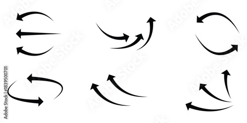 Air flow arrows set. Set of black arrow showing wind air flow. Vector set of air flow arrows. Black air flow arrows showing wind circulation and ventilation. 