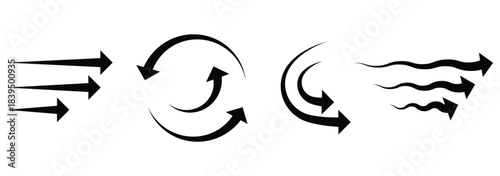 Air flow arrows set. Set of black arrow showing wind air flow. Vector set of air flow arrows. Black air flow arrows showing wind circulation and ventilation. 