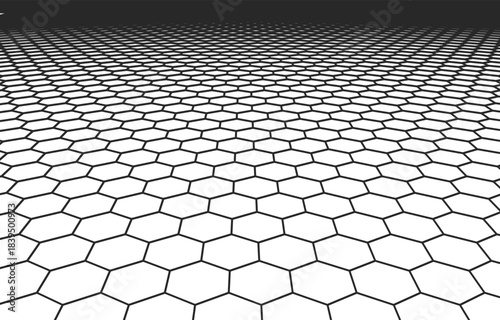 Black and White Hexagonal Wireframe Perspective Background - Geometric Honeycomb Grid Texture Receding into Horizon for Futuristic Technology