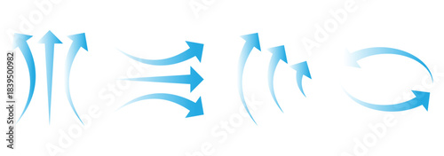Air flow arrows set. Set of blue arrow showing wind air flow. Vector set of air flow arrows. Blue air flow arrows showing wind circulation and ventilation. Vector Set of Blue Air Flow and Wind.