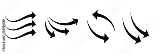 Air flow arrow. Set of black arrow showing wind air flow. Vector set of air flow arrows. Black air flow arrows showing wind circulation. Wind direction arrows. 