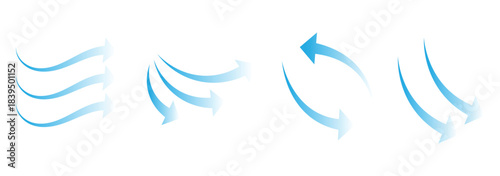Air flow arrows set. Set of blue arrow showing wind air flow. Vector set of air flow arrows. Blue air flow arrows showing wind circulation and ventilation. Vector Set of Blue Air Flow and Wind.