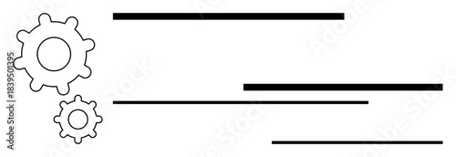 Two interlocking gears arranged beside parallel lines indicating movement, operations, and alignment. Ideal for productivity, teamwork, strategy, planning, mechanics, efficiency simple flat metaphor