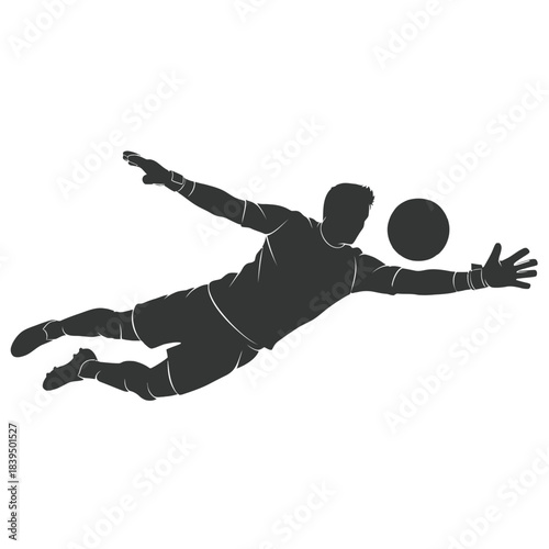 Silhouette of a soccer goalkeeper diving to save the ball in action
