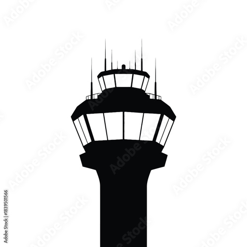 Simple silhouette of an airport air traffic control tower against white background