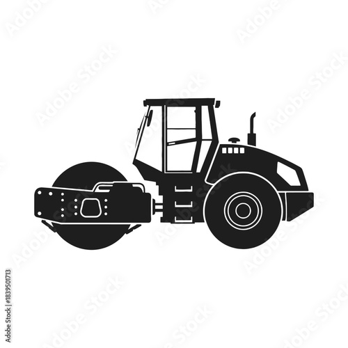 A simple black and white silhouette of a road construction roller machine