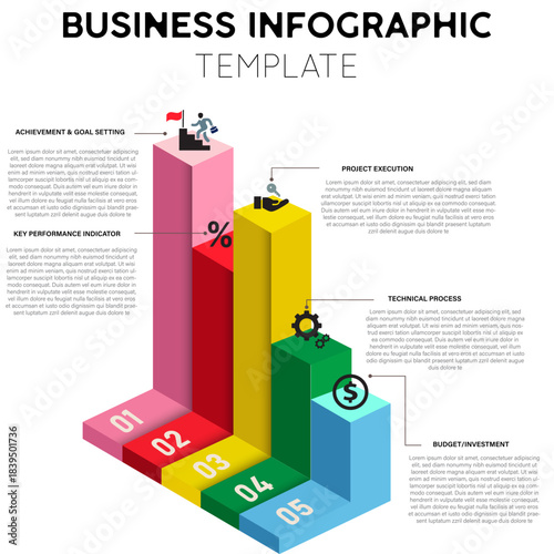 3D bar chart business infographic template presenting five key areas   ideal for corporate reporting, data analysis, and professional presentations.