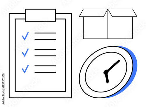 Task management, productivity, time planning, delivery process, project organization, logistics. A checklist, box and clock. Task management and productivity concept
