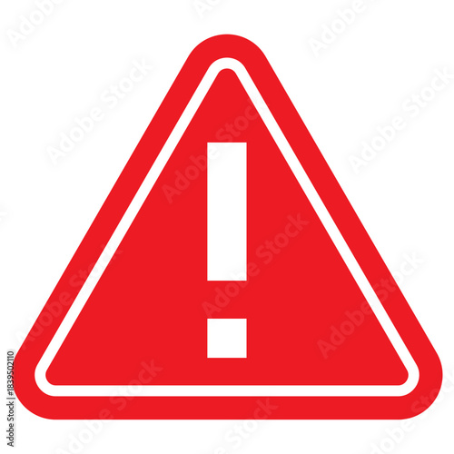 Red warning triangle icon with exclamation mark, bold hazard alert icon for emergency caution, safety notice, and danger indication