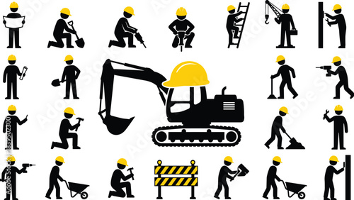 Set of construction worker silhouettes wearing yellow helmets, operating forklift and using power tools, vector illustration isolated on white.