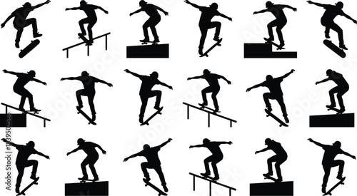 Set of skateboarder silhouettes performing tricks, jumping on rails and ramps, male skater vector illustration collection isolated on white.