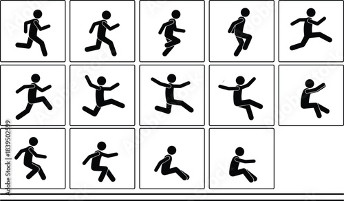 Stick figure animation sprite sheet vector showing running, jumping, and landing motion sequence frames for game design and storyboard projects.