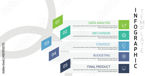 Vertical 5-step business process infographic detailing key strategic stages  featuring a clean stacked design with modern icons and gradient colors for corporate presentations and reports.