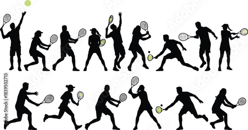 Tennis player silhouettes vector set, men and women athletes with rackets serving, hitting, and running in dynamic sport action poses.