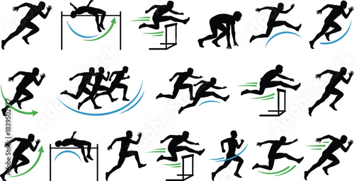 Track and field athletes silhouettes set, running, sprinting, high jump, hurdles action, vector sports illustration collection, competition design icons, isolated.