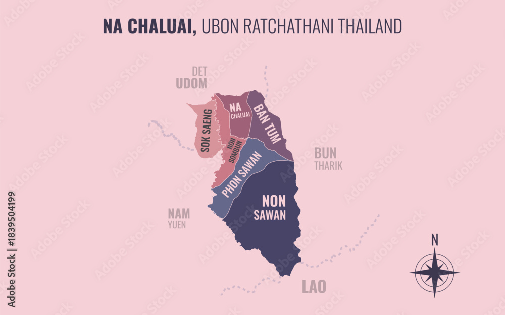 Obraz premium Map showing Na Chaluai District Ubon Ratchathani Thailand divided into sub-districts with minimalist colorful patterns