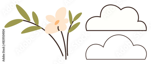 Delicate flower with green leaves in soft tones next to simple outlined clouds. Ideal for nature themes, wellness, serenity, eco-friendliness, seasons, simplicity, relaxation. Flat modern metaphor