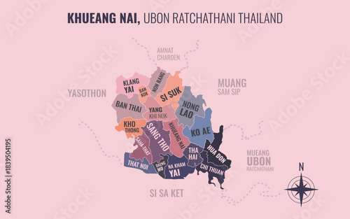 Map showing Khueang Nai District Ubon Ratchathani Thailand divided into sub-districts with minimalist colorful patterns
