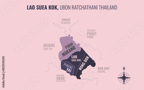 Map showing Lao Suea Kok District Ubon Ratchathani Thailand divided into sub-districts with minimalist colorful patterns