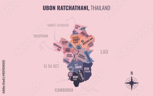 A map showing Ubon Ratchathani Thailand divided into districts in a minimalist colorful style