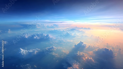 Aerial View of Cumulus Clouds at Sunrise with Sun Rays image photo