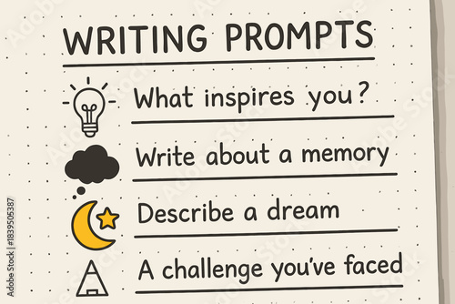 Creative Journal Sketches. Close-up of journal page with writing prompts and small sketches, first in line style with thin outline