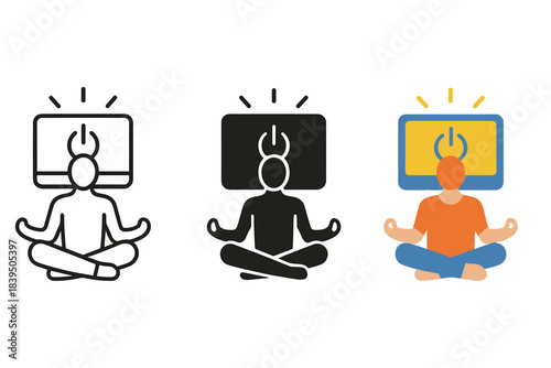 Digital Detox Meditation. Person meditating before glowing computer symbolizing digital detox and focus, first in line style with