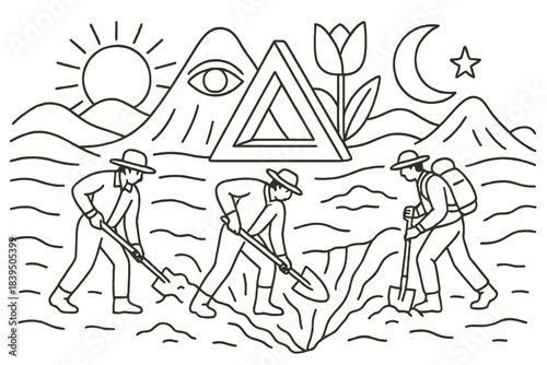 Surreal Explorer's Quest. Group of explorers digging into surreal landscape filled with symbolic forms, first in line style with