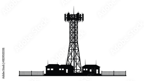 A silhouetted image of a cellular network tower with surrounding buildings