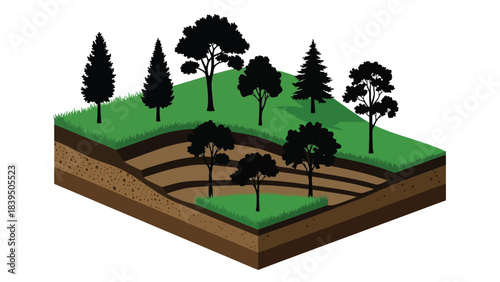 Isometric illustration of landscape with trees soil layers and cultivated fields