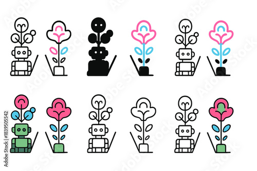 Futuristic Neon Pathway. Pathway lined with robotic topiary and neon flowers, abstract futuristic park icon, minimal geometric