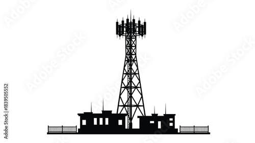 A simple black and white illustration of a cell tower with buildings
