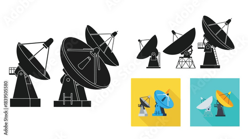 Illustrative depictions of satellite dishes and communication technology in various styles
