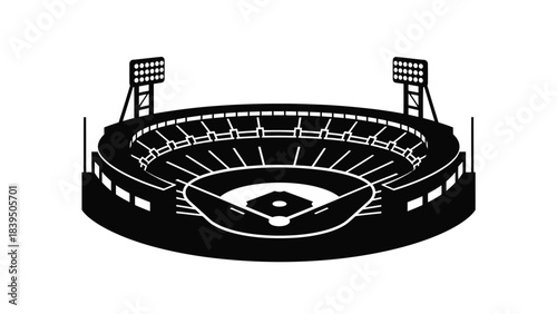 A black and white illustration of a baseball stadium with floodlights