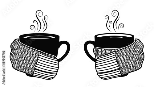 Two steaming mugs wrapped in cozy knit textures a comforting still life