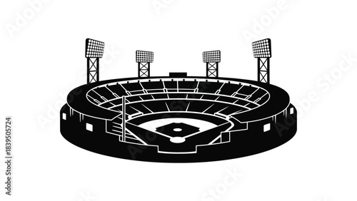 A monochrome illustration of a baseball stadium with detailed lighting towers