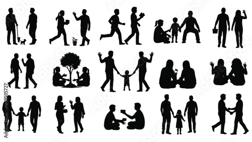 Diverse silhouettes of people engaged in various activities and relationships