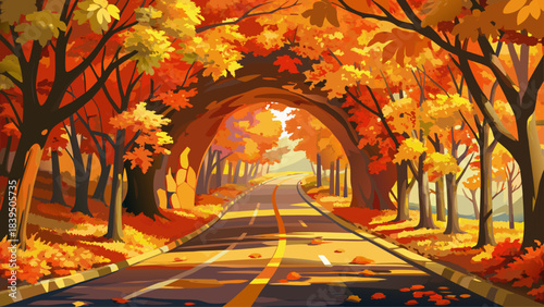 Very beautiful winding country road covered with vibrant maple leaves glowing in fall sunlight. Trees arch overhead creating a warm, immersive autumn tunnel across Vermont’s peaceful countryside.