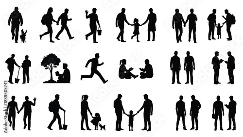 Silhouettes of people in various activities and relationships isolated on white