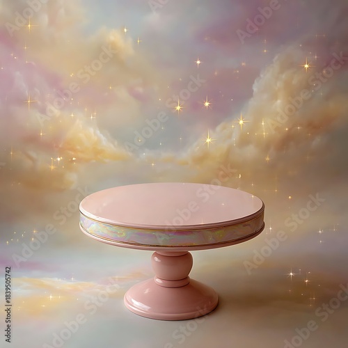 Pink Cake Stand with Pearlescent Rim and Sparkling Starry Sky photo Background pedestal display