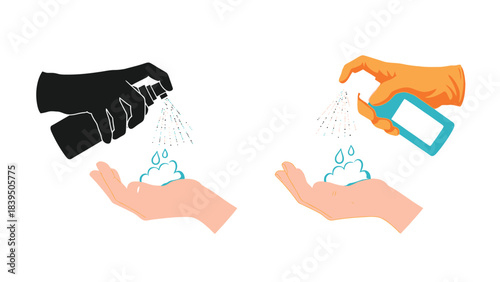 Hands spraying sanitizer and washing with soap hygiene and cleanliness concept