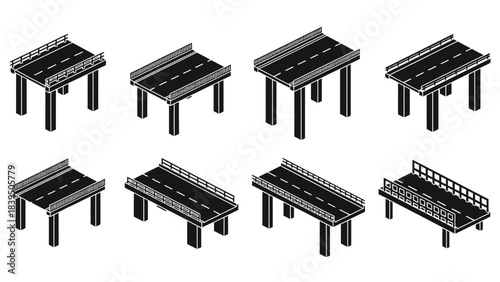 Isometric illustration of various bridge structures and road segments in black and white