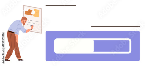 Man writing notes on a board with a visible progress bar. Ideal for workflow, productivity, project planning, time management, progress tracking, teamwork, simple flat metaphor