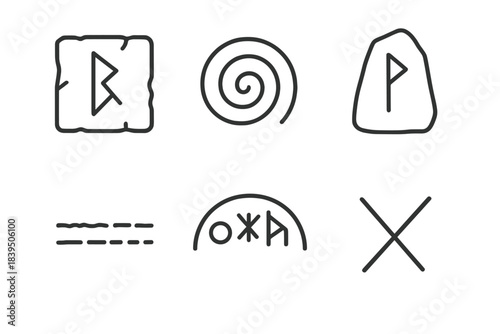 Forgotten Language Icons. Line style icons of Forgotten Languages: carved symbol, echo spiral, rune stone, faded text line, glyph