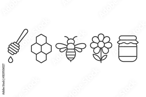 Sweet Icons Collection. Line style icons of Natural Sweetness: honey dipper, honeycomb, bee, flower, jar, droplet. No text, No