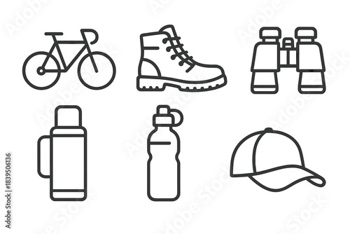 Outdoor Adventure Icons. Line style icons of Light Adventures: bicycle, hiking boot, binoculars, thermos, water bottle, cap. No