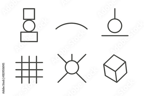 Spatial Balance Icons. Line style icons of Spatial Balance: stacked shapes, curved horizon, minimal grid, suspended sphere,