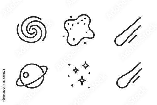 Deep Space Icons. Line style icons of Deep Space: galaxy swirl, nebula dots, fading line, distant planet, small cluster, meteor